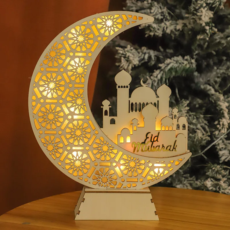 New Products Muslim Islamic Eid Mubarak Light Wooden Ornament For Happy Eid Mubarak Ramadan Home Decoration