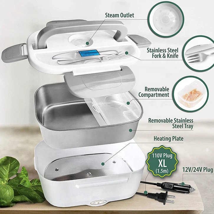 Household 2-In-1 Portable Lunch Box Sets Safe Stainless Steel Food Warmer Electric Lunch Box With Carry Bag