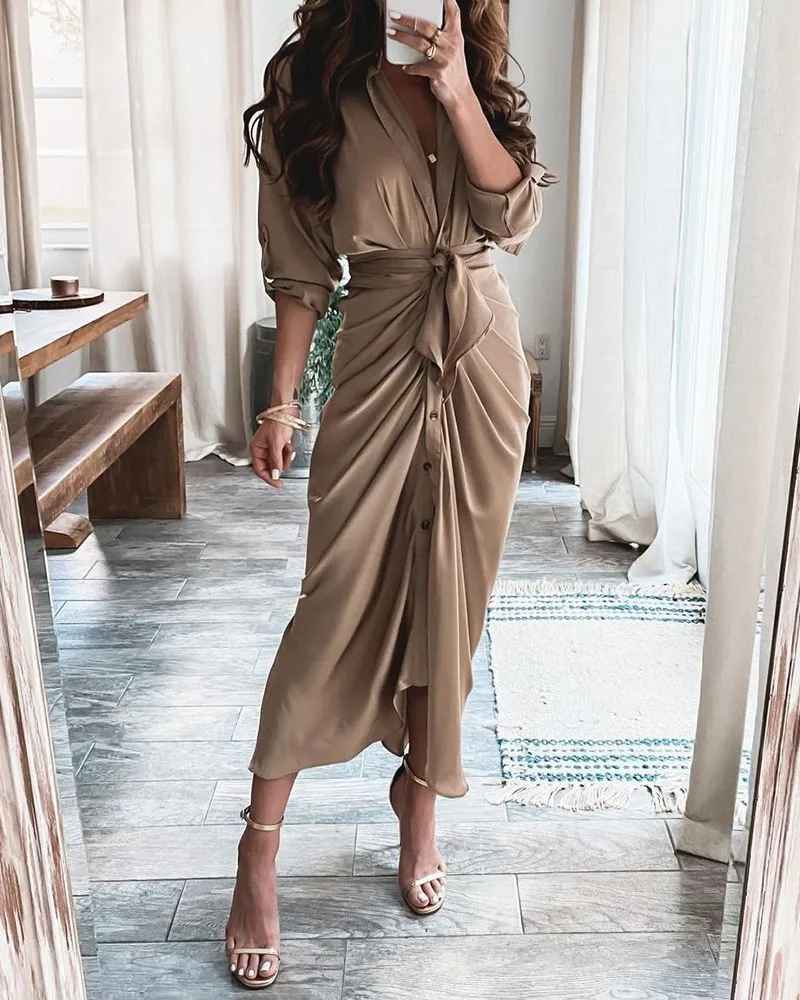 Spring Autumn Summer New Women Button Long Casual Dress Floral Printed Shirt Maxi Dress