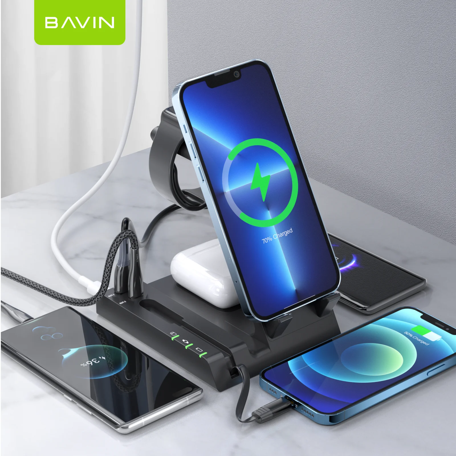 BAVIN wholesale PC056 6 in 1 usb 15W magnetic fast charging type c wireless charger with cable