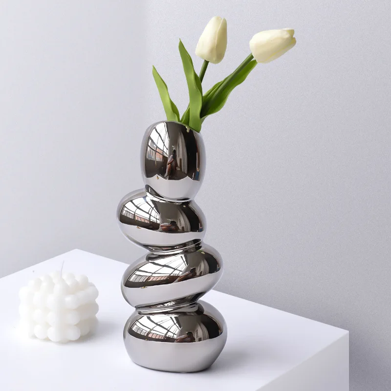 nordic abstract silver plating ceramic vase glazed dinosaur egg stacking dried flower arrangement for home table wedding decor