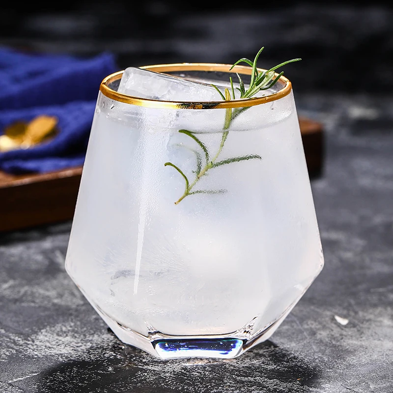 
New Diamond Shaped whiskey glass cup Crystal Glass Whisky Cup with gold rim rocks glasses 