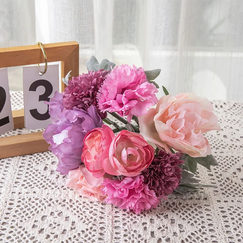 Artificial White Silk Bridal Peony Rose Flower Bouquet For Wedding, Red Flower Bunch for Home Party Decoration