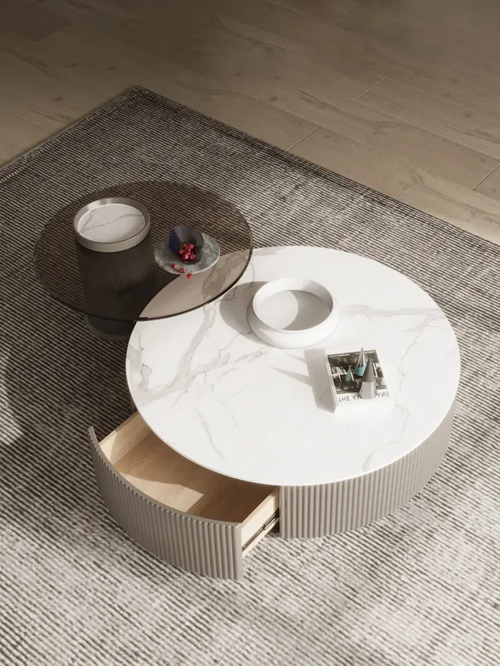 ATUNUS Living room furniture rock plate stainless steel round coffee table light luxury design for large and small families