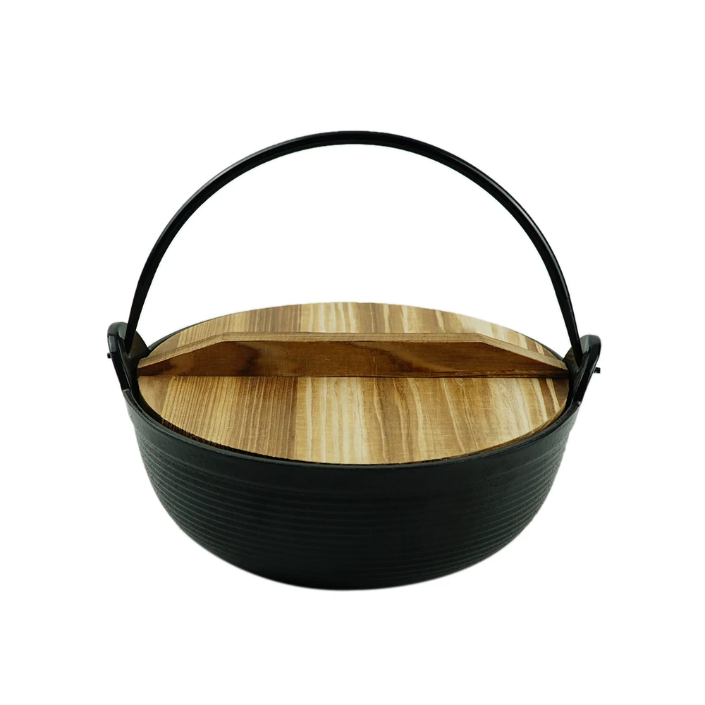 Pre-Seasoned Cast Iron Soup Pot Stew Pot Japanese Sukiyaki Pot with Wood Cover