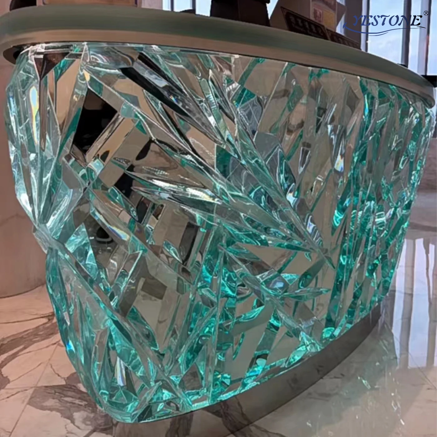 Yestone china fashion reception desk spa 120cm luxury barber shop reception desk acrylic blue led light up reception desk
