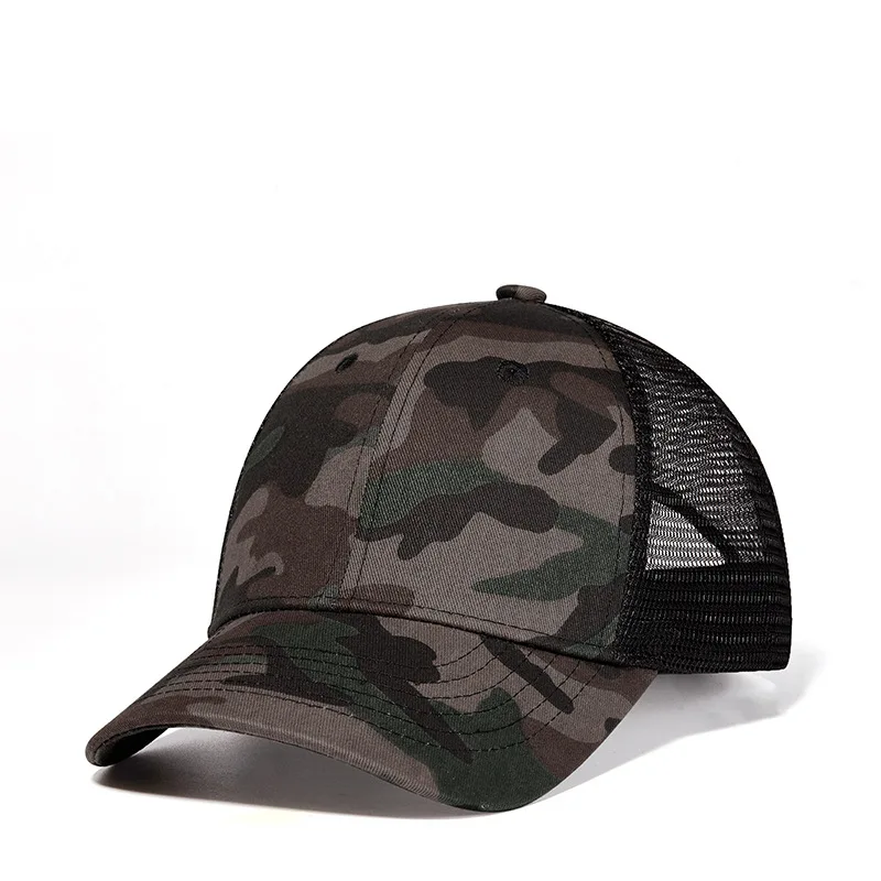 Ready to ship curved bill unisex black mesh camouflage baseball cap custom logo 6 panels camo trucker hat