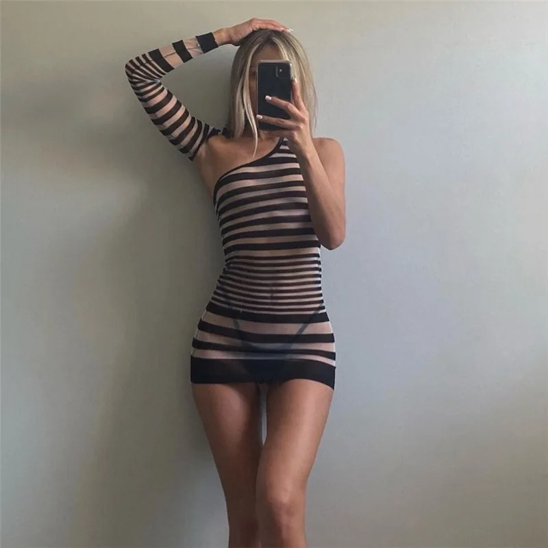 Hanrong Zebra Stripes Women Dress Skew Collar Backless Sheer Sexy Club Rave Partywear Summer Contrast Color Bodycon Dress