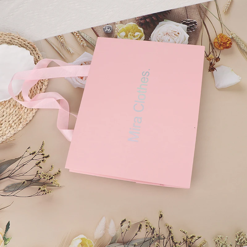 recycle pink paper gift shopping bag stamping silver foil paper flower boutique bags with custom print your logo