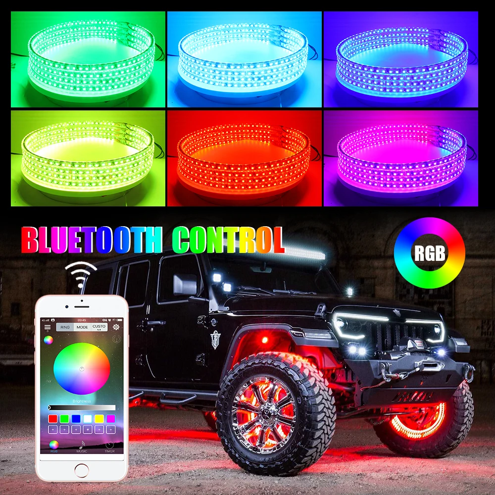 Double side 14 inch car wheel light RGB blue  tooth control & remote wireless 121 modes wheel indicator light car for trucks