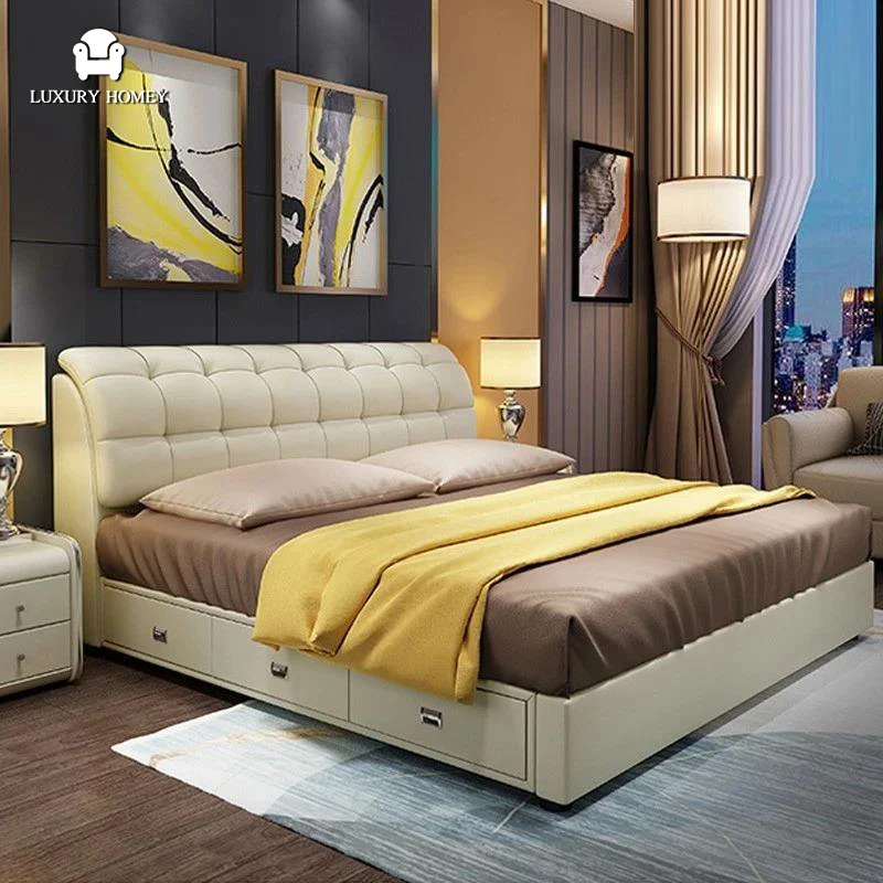 luxury bedroom furniture modern upholstered genuine leather italian bed with extended headboard king size white leather bed