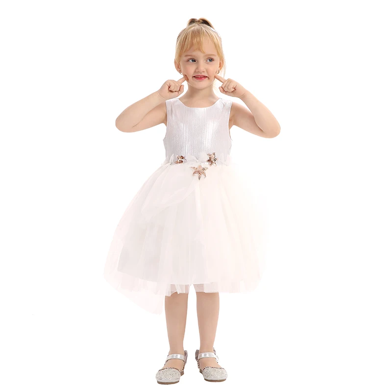 Fashion Asymmetry Baby Girl Wedding Dress Sleeveless Sequin Star Applique White Mesh Tutu Summer Party Girl Princess Dresses