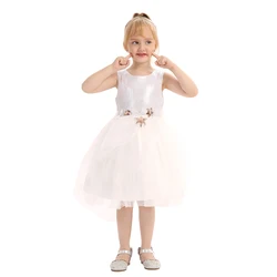 Fashion Asymmetry Baby Girl Wedding Dress Sleeveless Sequin Star Applique White Mesh Tutu Summer Party Girl Princess Dresses