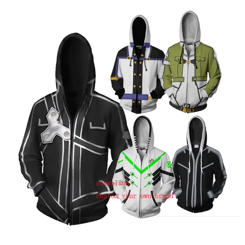 Custom Sword Art Online SAO Hoodie Kirito Kirigaya Kazuto Cosplay Costume Men Women 3D Print Sweatshirt Pullover Zip Up Jacket