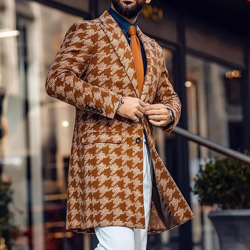 2022 Winter Men Medium Long Woolen Fashion Printed Suit Collar Single-breasted Overcoat Casual Coat For Men