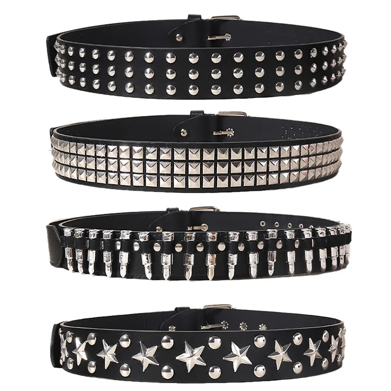 Wholesale Black Studded Belts Spicy Girl Punk Unisex Male Female Five-pointed Bullet Studded Buckle Jeans Belt