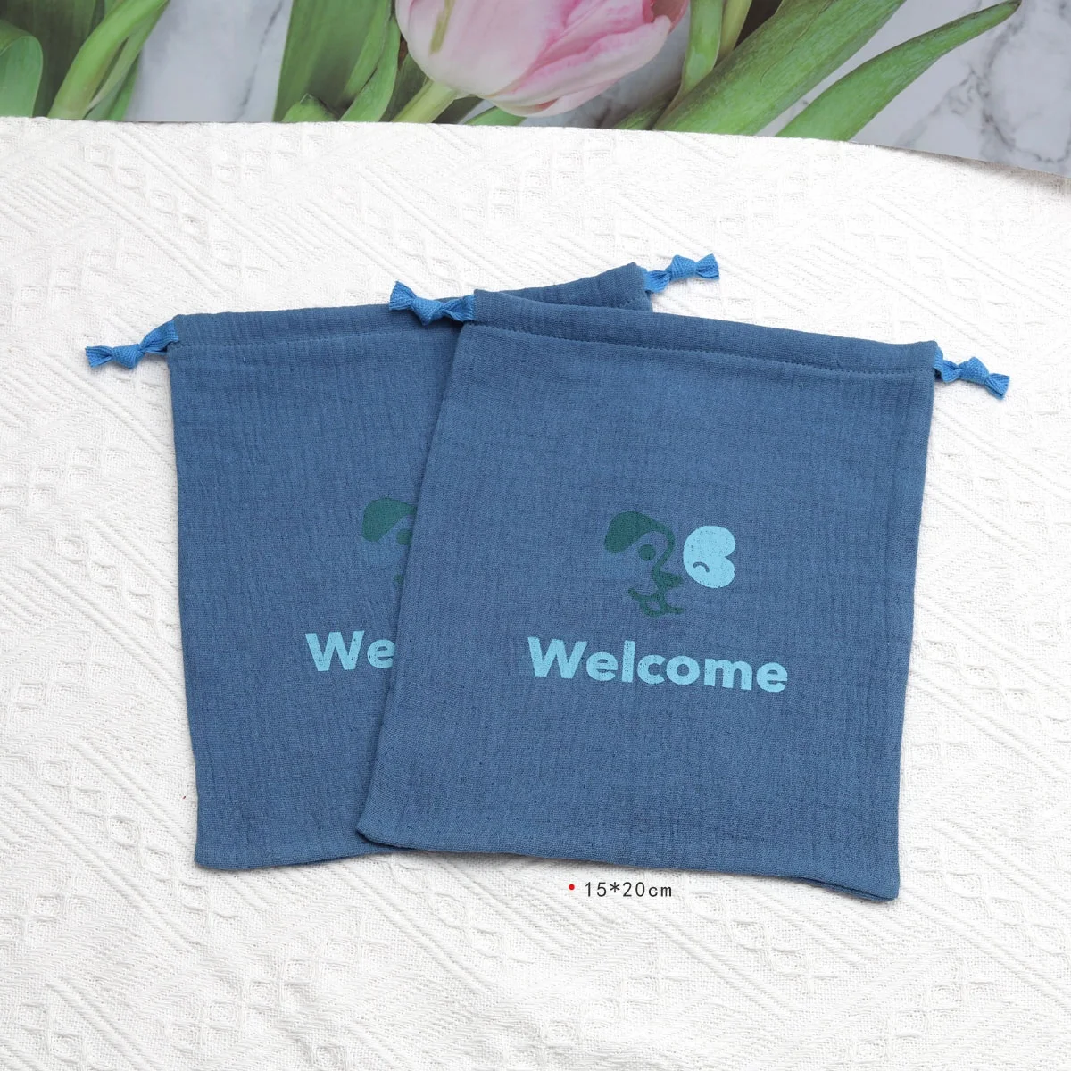 Hot Sale Blue Gauze Cotton Packaging Bag For Baby Clothing Custom Logo Printed Soft Gauze Cotton Dust Drawstring Pouch
