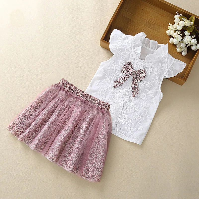 Hao Baby 2022 Summer Models Children Girls Boutique Clothing Sets Short-Sleeved Suit Kid Bow Knit Short Skirt Two-Piece Set