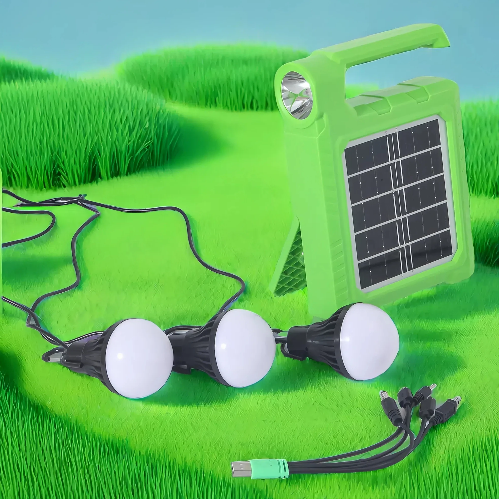 2025 Portable Solar Power Bank 2400Mah 18650 Battery Rechargeable Flashlight with 3 Free Led Bulbs Emergency SOS Flashing Lights