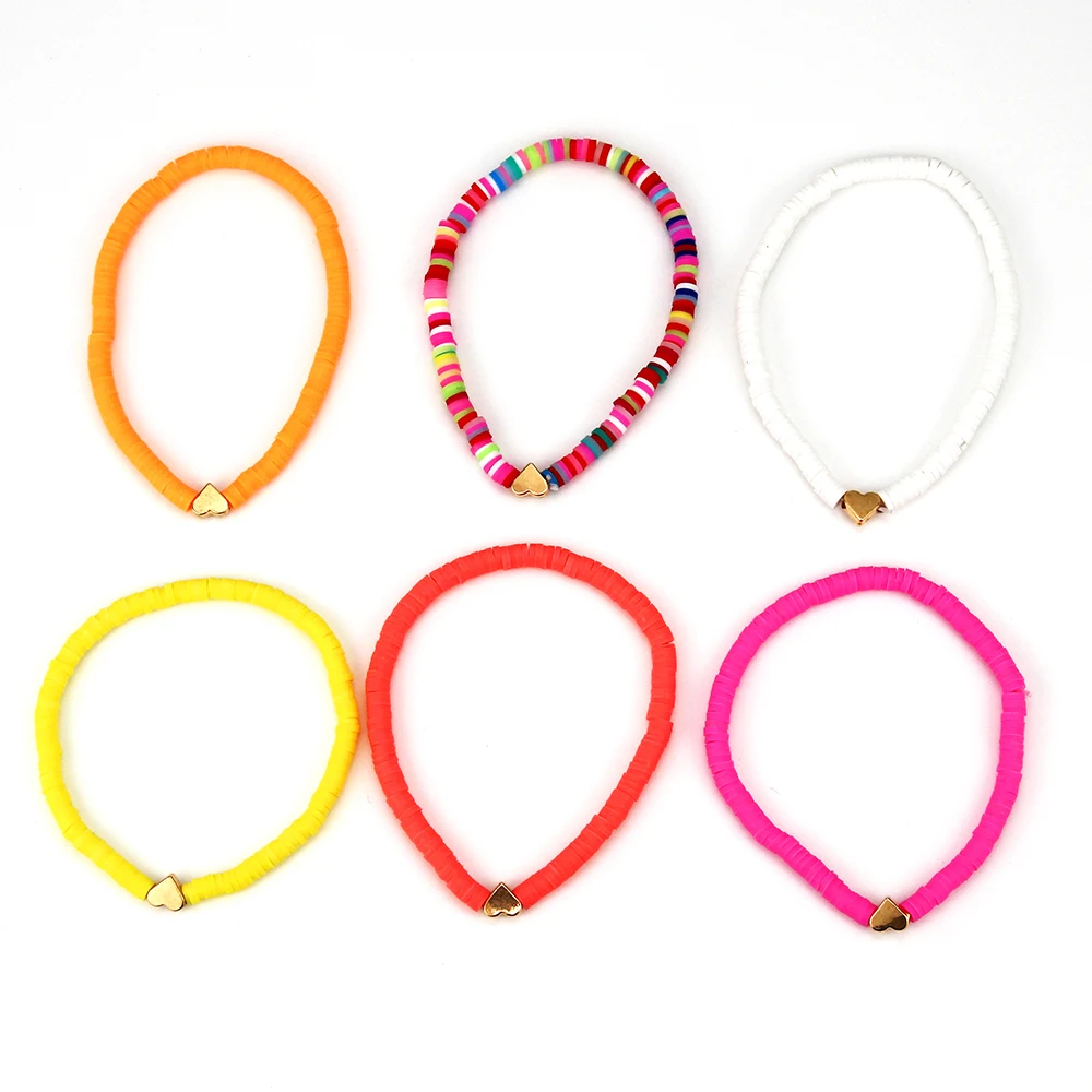 7pcs/Pack Bohemia Polymer Clay Beaded Bracelets Colorful Surfer Stretch Stackable Bracelet for Women Summer Beach Jewlery