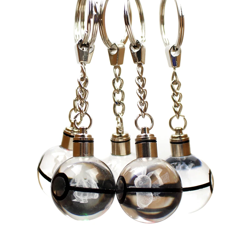 Hot Game 3D Laser Pokemon Keychain Crystal Stock Led Keyring Pokemon Ball Figures Monster Kid Birthday Gifts