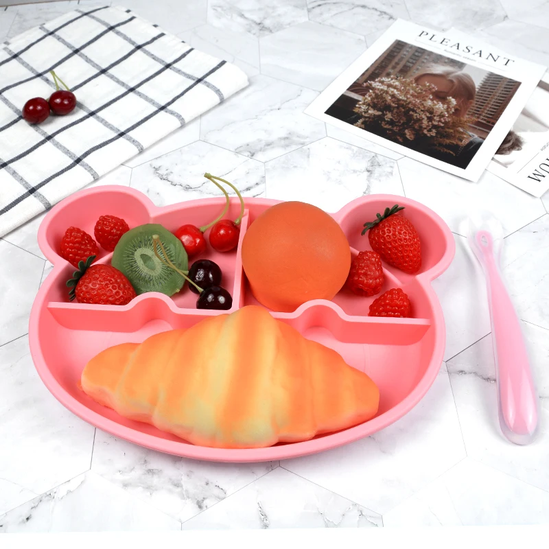 Bear Food Tray Sets BPA Free Toddler Snack Feeding Bowl Divided Kids Dinner Placemat Baby Silicone Plate Baby Tools