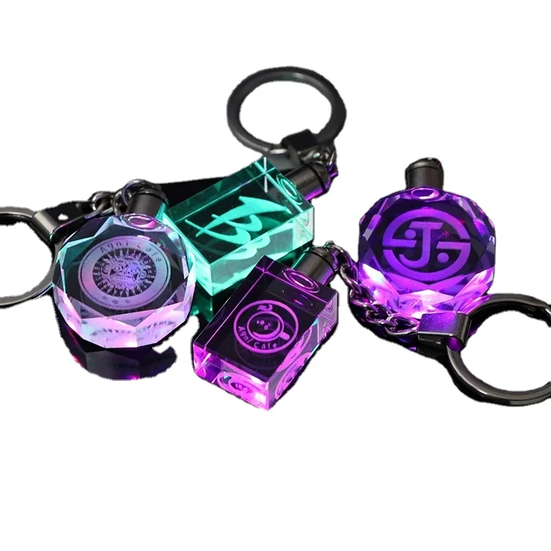 Пользовательская 3d лазерная гравировка, светодиодная круглая образная цепочка для ключей из хрустального стекла K9