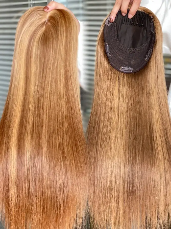 SHY Human Hair Topper Free Part Silk Base Topper Mono 6*7 Silk Top for Clip in Hairpieces #4 Brown Straight Hair Topper