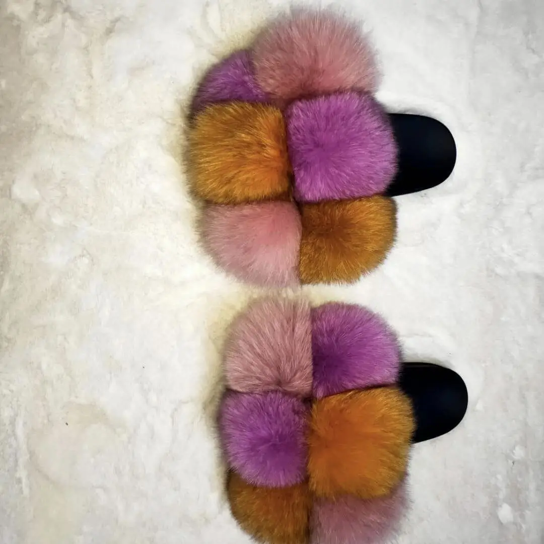 custom indoor oem logo blue real fox fur fluffy slides sandals slipper for women