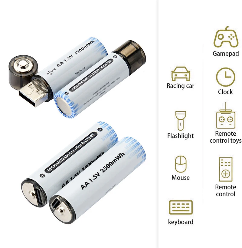 USB Li-ion Battery 1.5v Lithium Rechargeable Batteries 1500mWh  AA AAA Size For Toy Controller