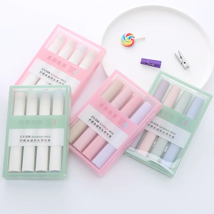 Morandi color school student highlighters set kids soft head marker pens set stationery supplies packs of 4 pcs