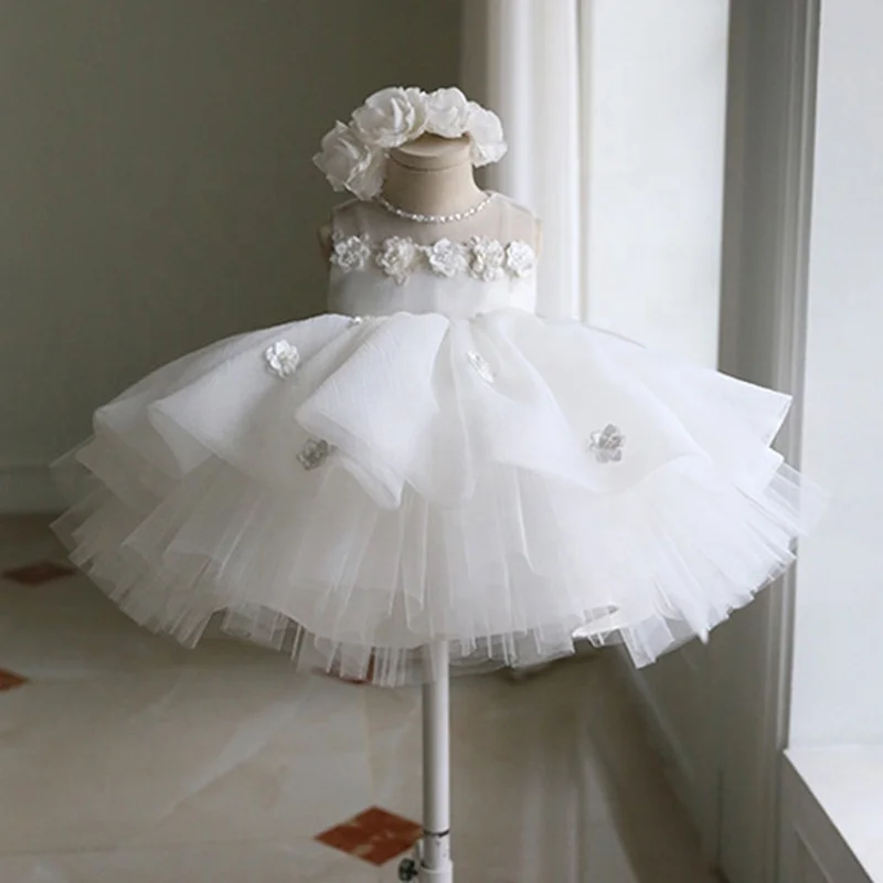 2023 New Pearl Flower Organza Baby Party Dress Pure White Flower Girl Princess Dress Cute Baby Girl Puff Dress