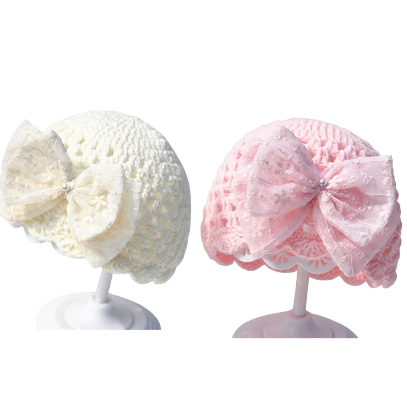 Элегантная кружевная шапка с бантом для девочек вязаная детская шапка для душа дышащая шапочка с бантом для новорожденных шерстяная детская шапка с вырезами для 1-го дня рождения