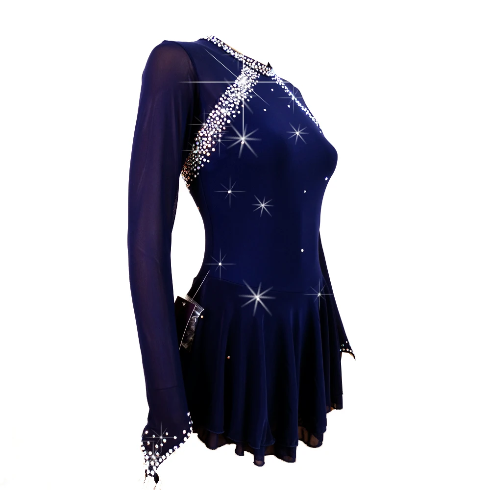 Ice Figure Skating Dress Children Dark Blue Dance Costume Salsa Ballroom Skate Dress Girl Dancewear Costumes