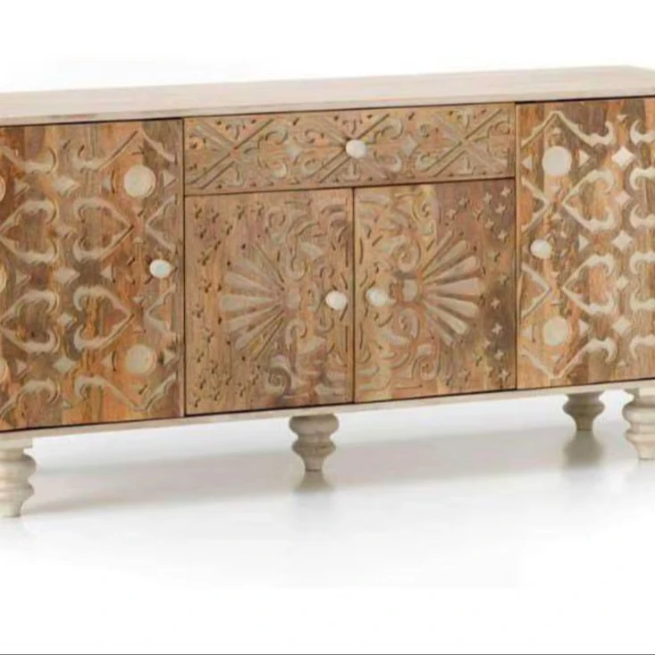 Hand Carved Gulliver Media Console Indigo Colour | Handmade Wooden TV Unit Indigo Colour | Indian Furniture