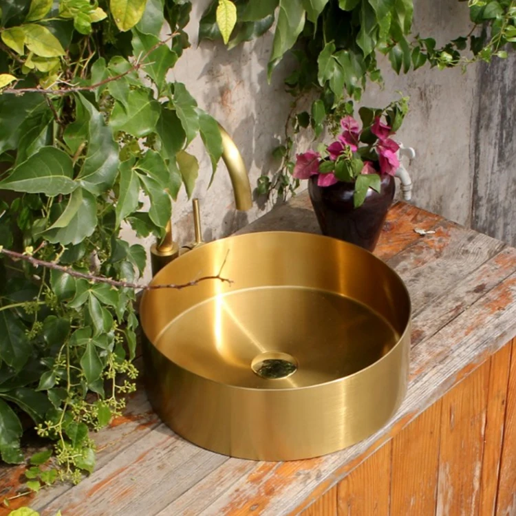 Stainless steel 304 nano gold round topmount wash basin bathroom sinks with pop up