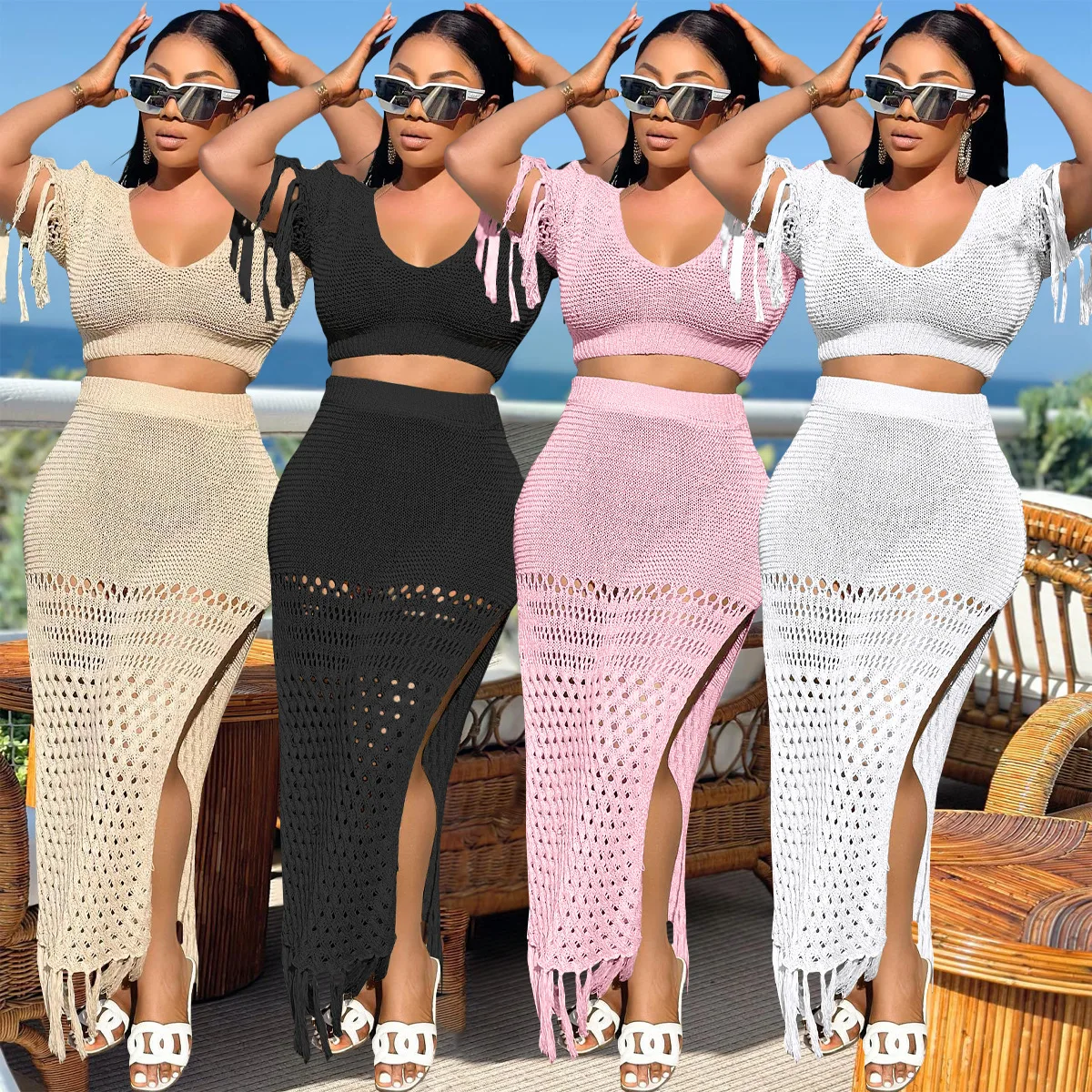 2024 New Crochet Clothes Hollow Out Tassel Summer Bikini Beach Wear Women Holiday Vacation Maxi Long Wrap Skirt And Top Set