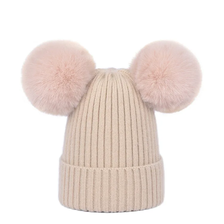 
Infant Toddler Acrylic Hat Pure Color Winter Twist Double Pom Pom Knitted Beanies Cap 