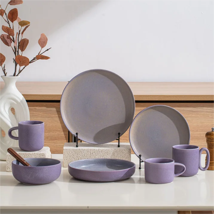 Homeware supplier purple matte glazed restaurant dish set dinner dinnerware plates porcelain dinner set