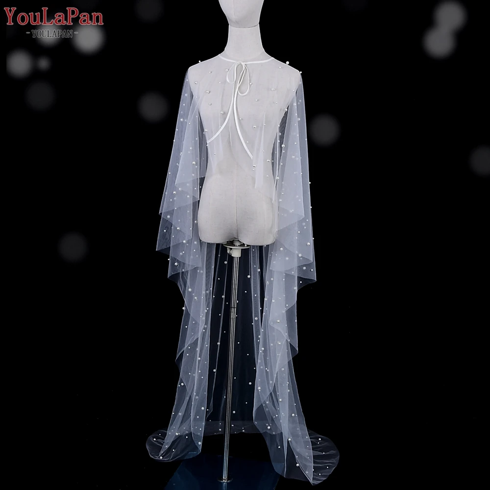 YouLaPan VG50 Pretty Woman Waltz Length Shawl Summer Tulle Pearl Wrap Cape Bridal Wedding Dress Ties Cardigan Shawl