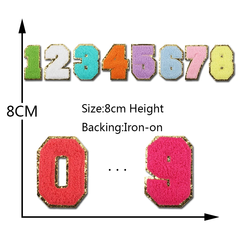 New Iron on Embroidered Patch With Colorful Gold Border Glitter Chenille Letters and Numbers