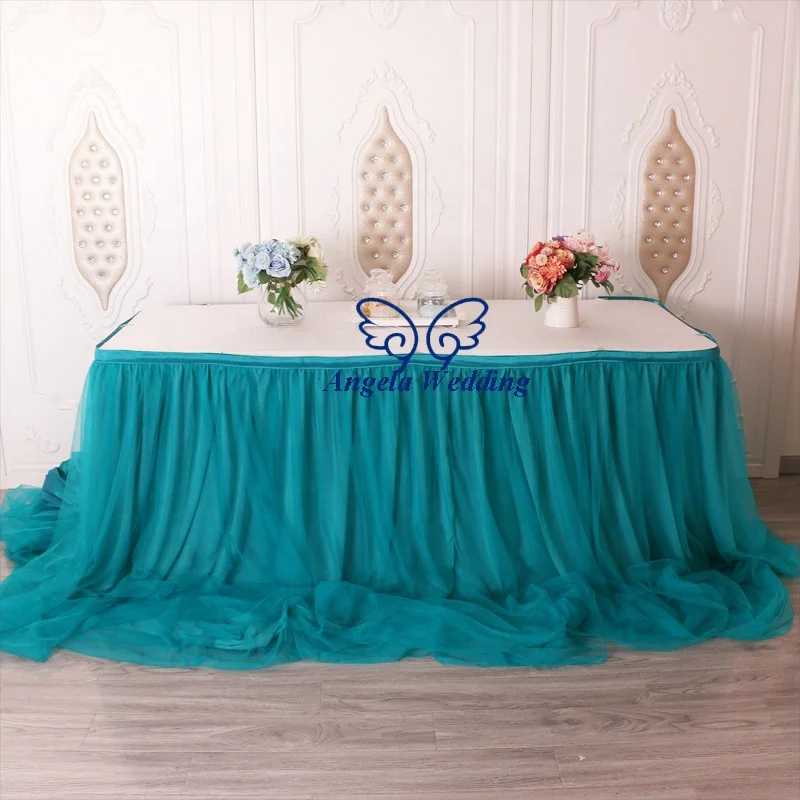 CL072Q fancy factory fast shipping Christmas different dark green ruffled turquoise chiffon and tulle wedding bridal table skirt