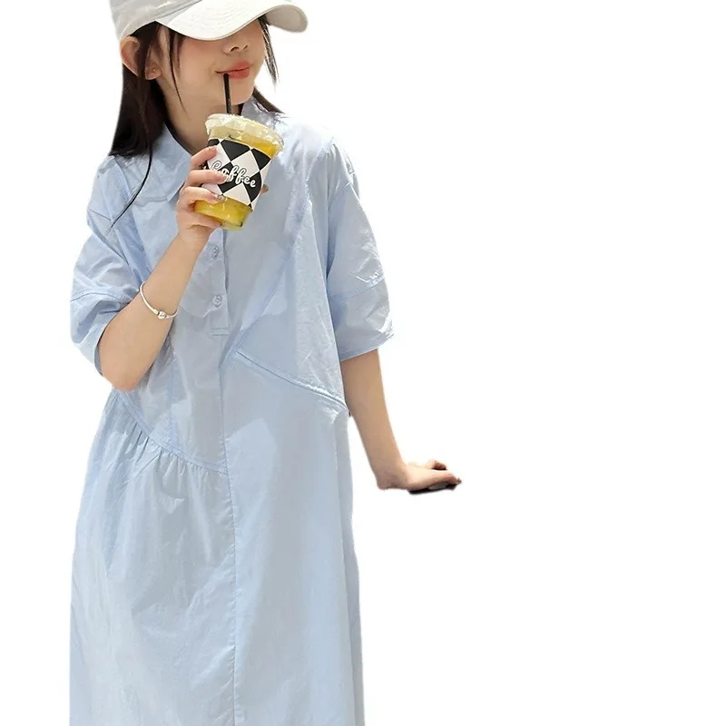2024 New  Children Girl Short Sleeved Light Blue Shirt Dress Teenagers Cotton Dress 5-15 Years