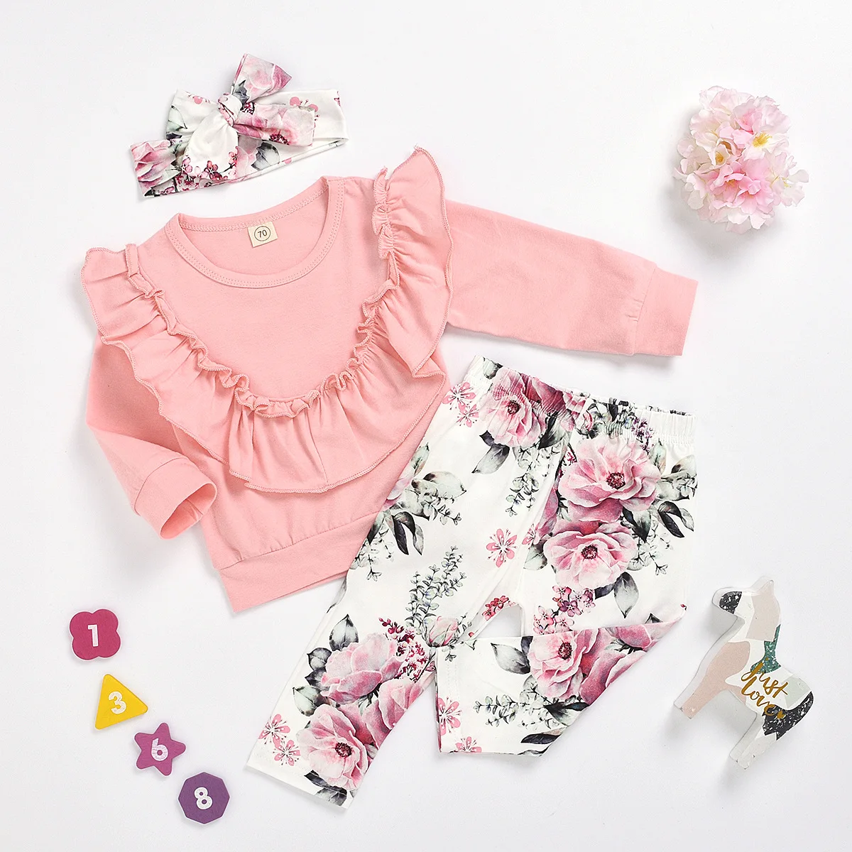 OUKEER KIDS Hot Selling 3pcs Clothing Set Cotton Long-Sleeved Long Pants Kids Suit for Girls Pink Flower Girls Suit 2020
