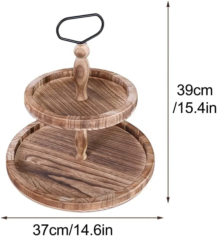 wholesale custom Rustic Brown Wood 2 Tier Tray with Metal Handle Wooden Tier Tray Tiered Serving Tray