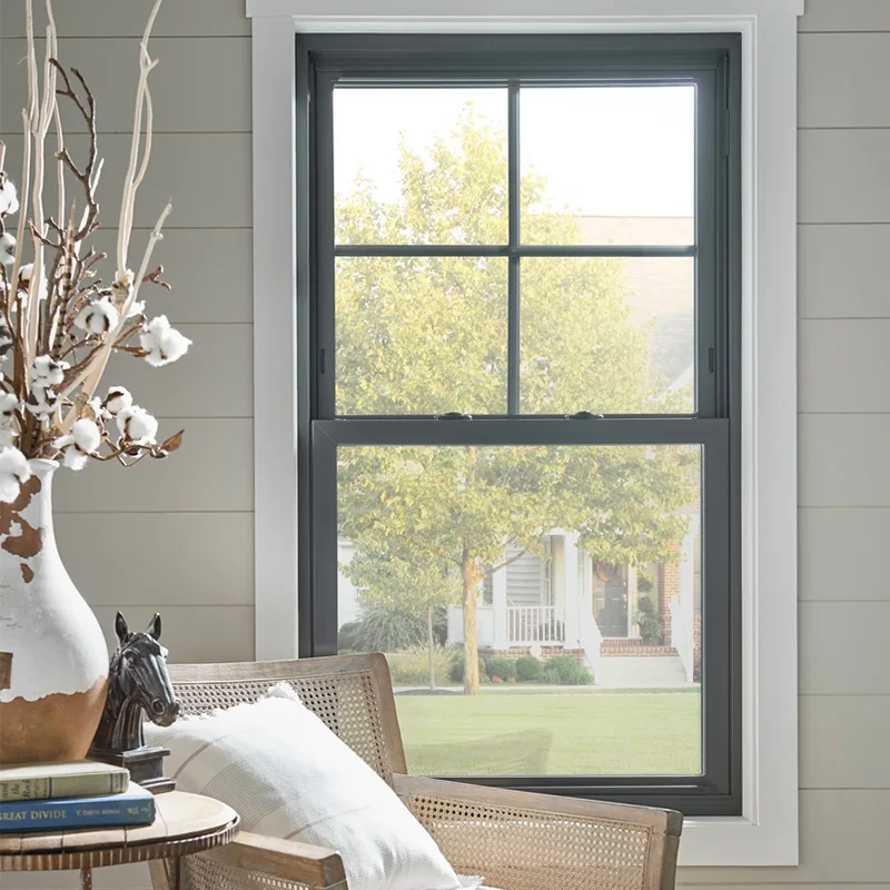 Hihaus custom black aluminium tempered glass american style double hung window
