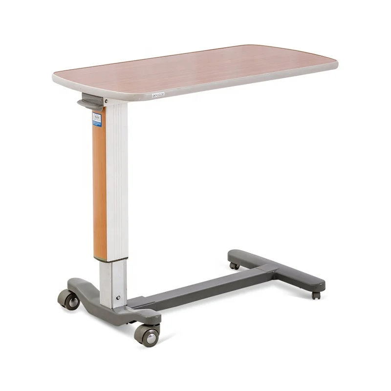 Height adjustable hospital equipment overbed table with wheels