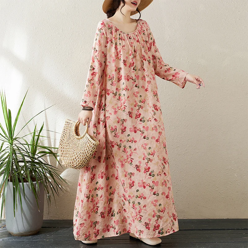 Autumn new round neck draw pleated slack lazy skirt minimalist long-sleeved holiday style casual loose dress