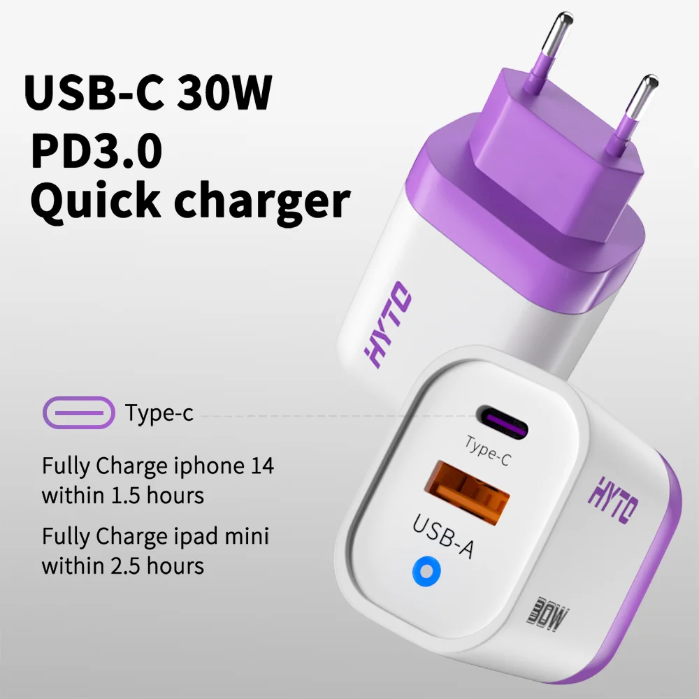 HYTO Y50 30W PD QC3.0 USB Travel Charger QUICK CHARGER PPS Smart Phone EU Plug Type C Wall charger Adapter With 1m Cable