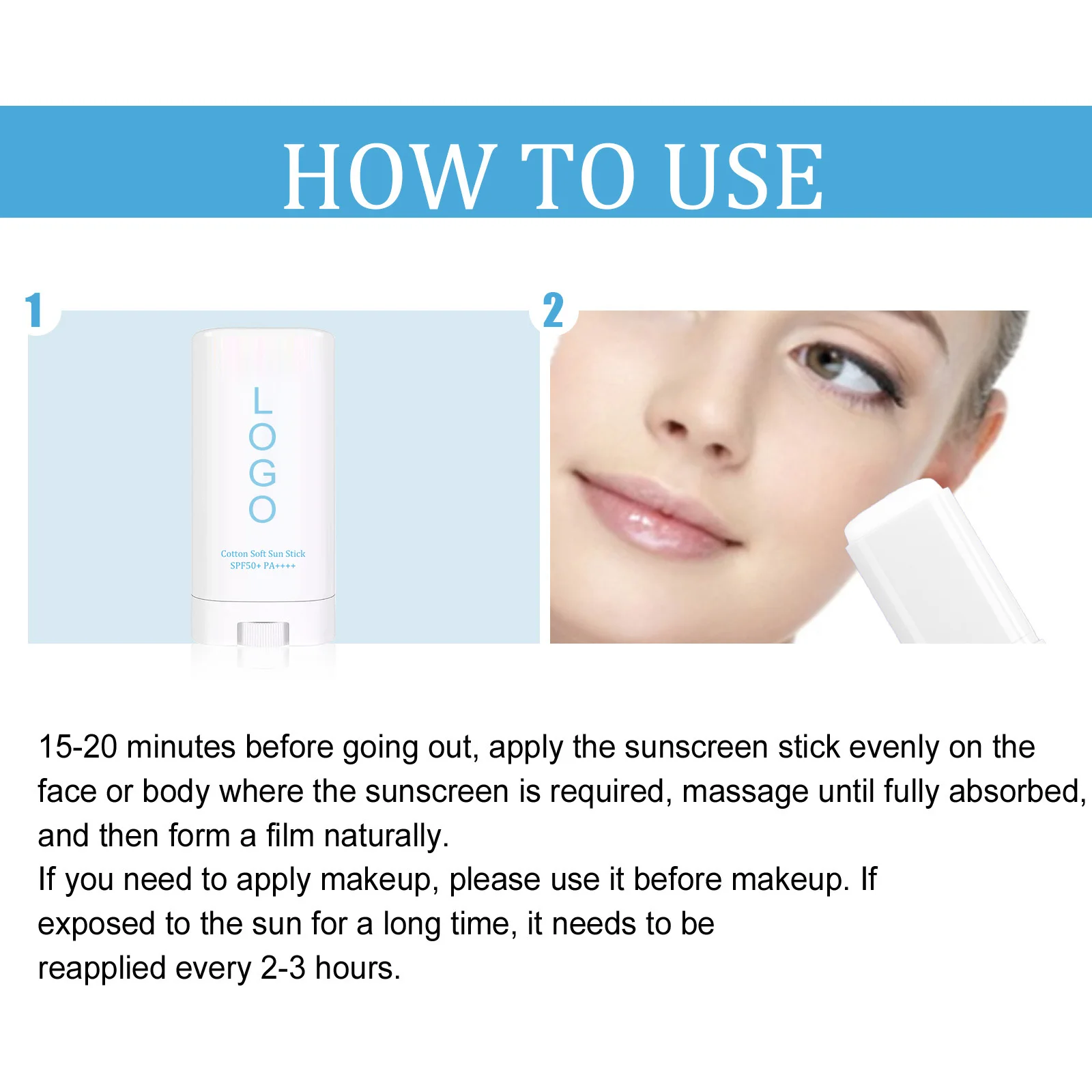 Custom Logo Water Resistant No White Cast Double Shield Cotton Soft 19g Zinc Sunscreen Stick Spf 50 Sunstick